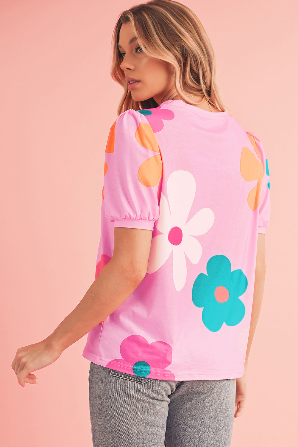 Sky Blue Colorful Flower Print Bubble Sleeve Tee