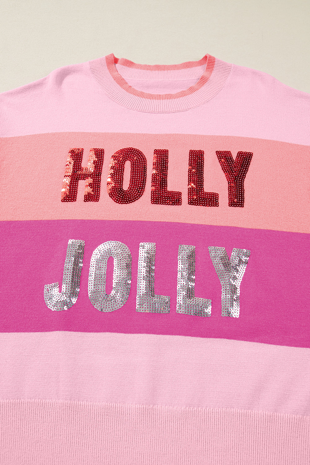Pink Sequined HOLLY JOLLY Color Block Crew Neck Sweater