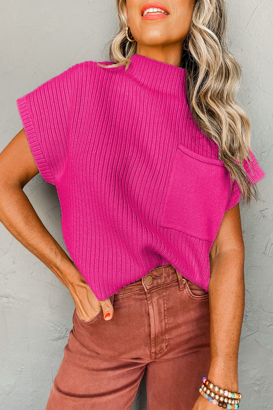 Rose Red Patch Pocket Ribbed Knit Short Sleeve Sweater