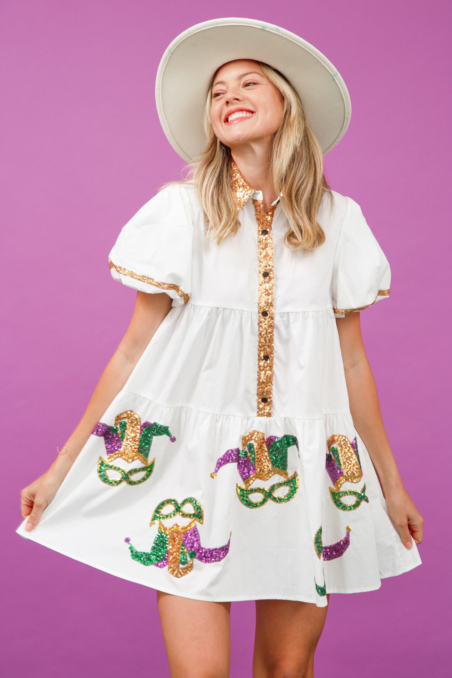 Sequin Mardi Gras Mask Poplin Shirt Dress