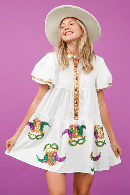 Sequin Mardi Gras Mask Poplin Shirt Dress