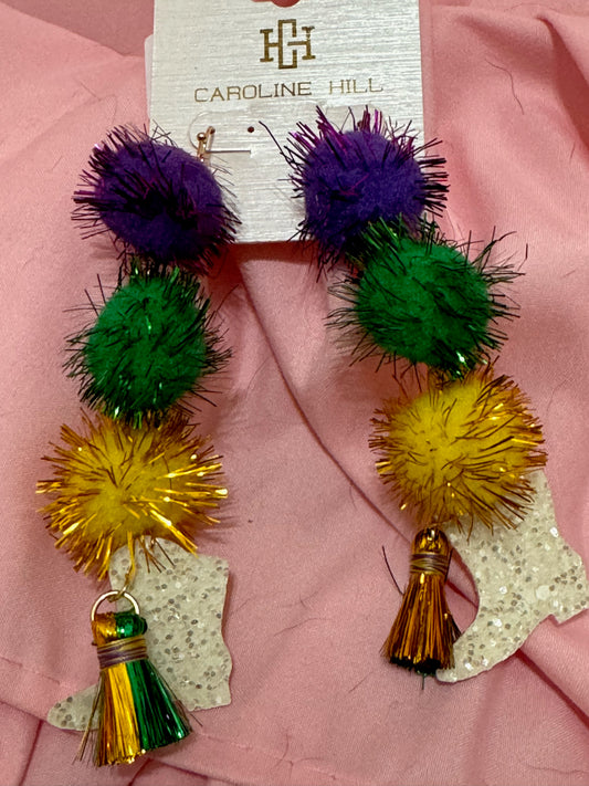 Mardi Gras Majorette Boot Pom Pom Earrings