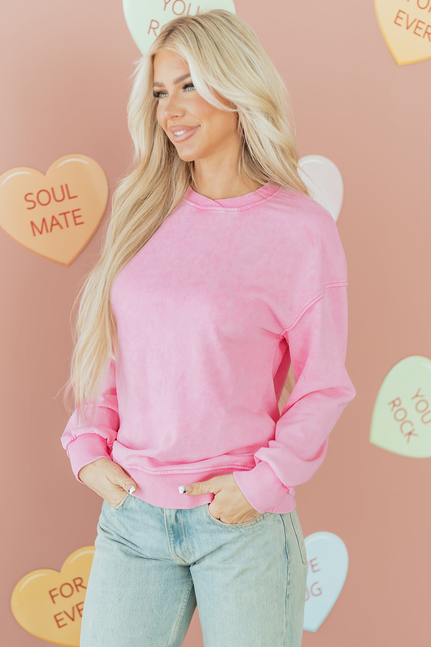 Bright Pink Mineral Wash Crossed Crew Neck Drop Shoulder Loose Sweatshirt