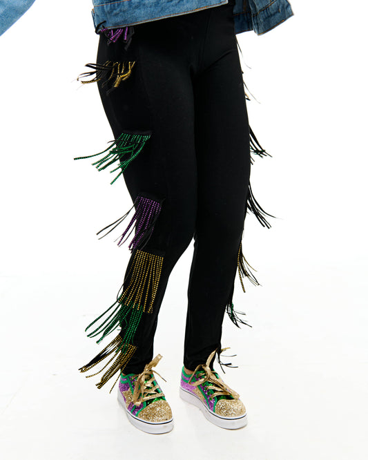 Mardi Gras rhinestone tassel leggings ADULT
