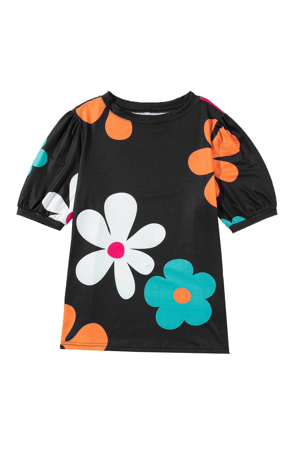 Sky Blue Colorful Flower Print Bubble Sleeve Tee