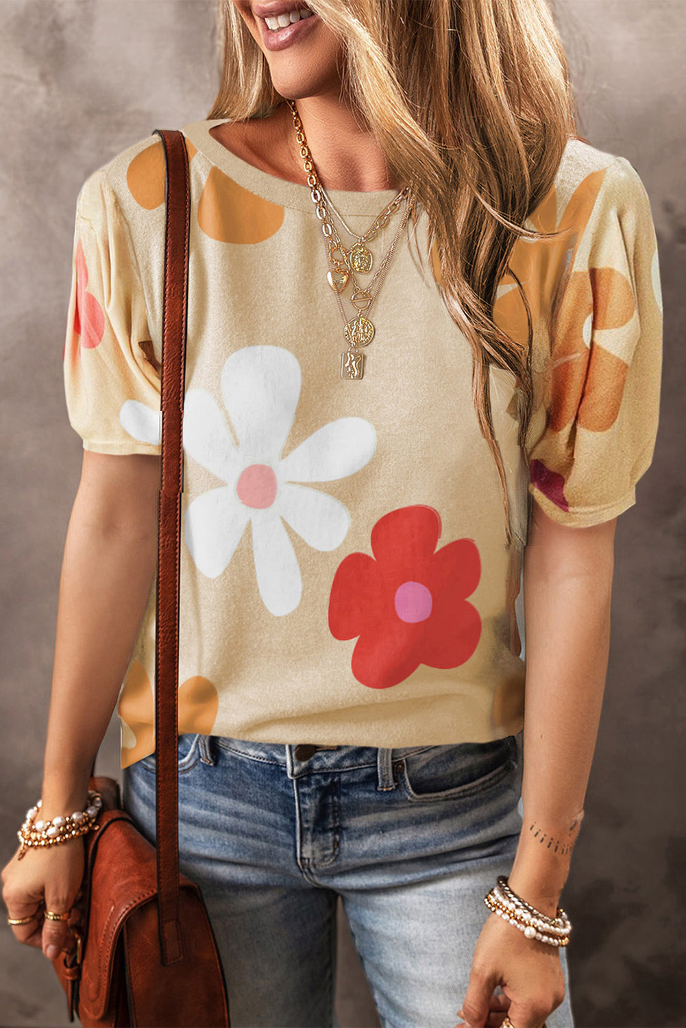 Sky Blue Colorful Flower Print Bubble Sleeve Tee