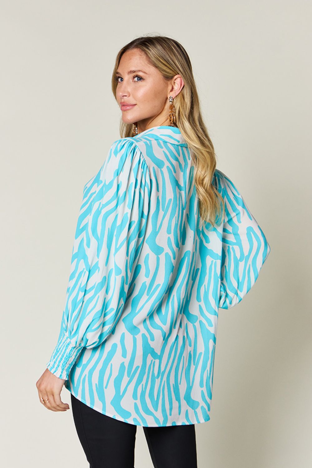 Double Take Full Size Printed Smocked Long Sleeve Blouse