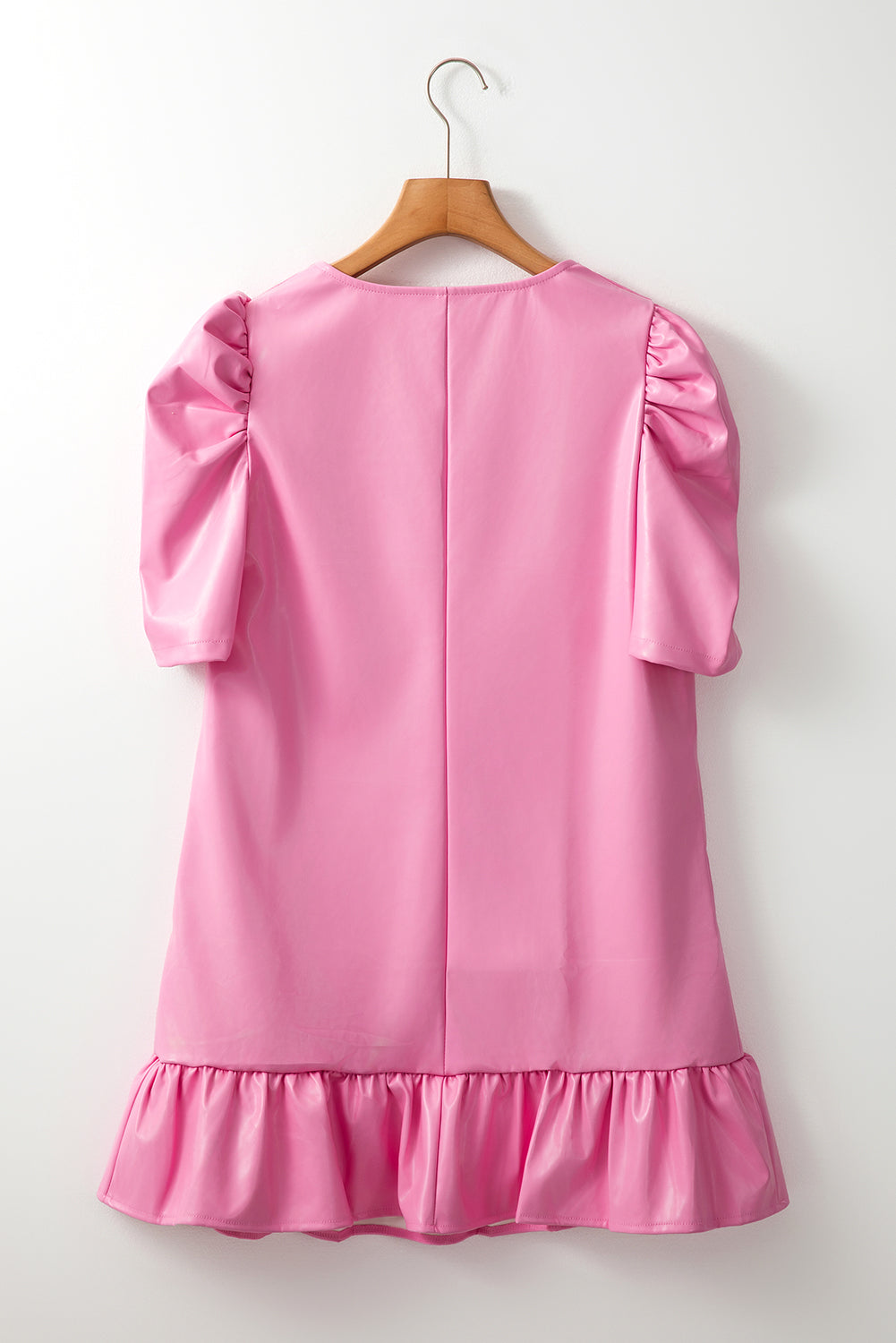 Sachet Pink Pleather Bubble Short Sleeve V Neck Ruffled Hem Mini Dress