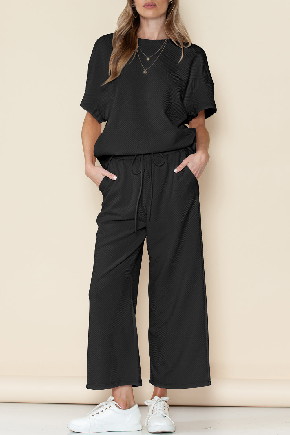 Black Textured Loose Fit T Shirt and Drawstring Pants Set