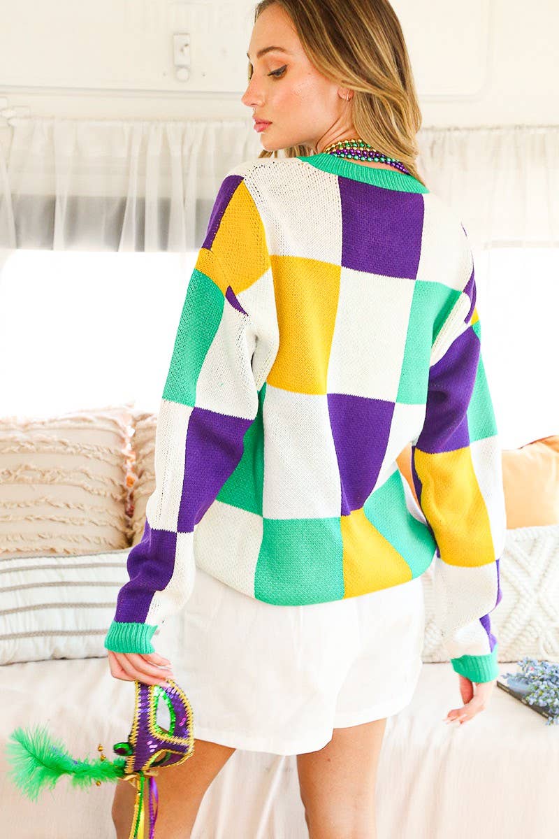 Checker Board Color Block Mardi Gras Knitted Sweater VT81304