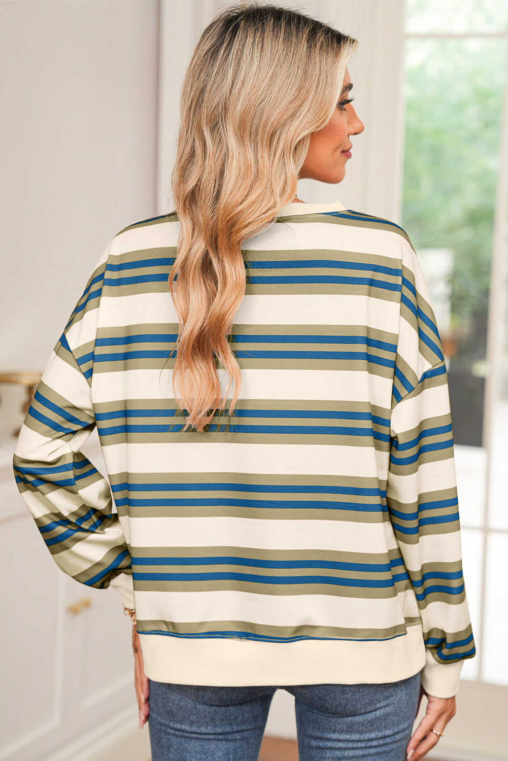Khaki Striped Crew Neck Drop Shoulder Pullover Sweatshirt
