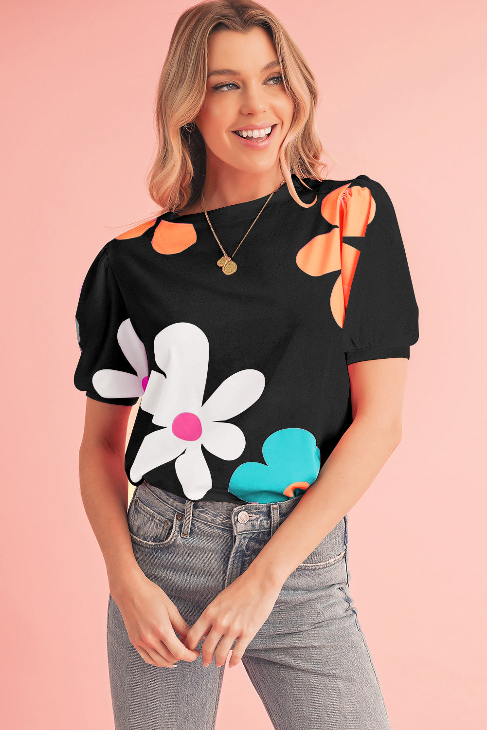 Sky Blue Colorful Flower Print Bubble Sleeve Tee