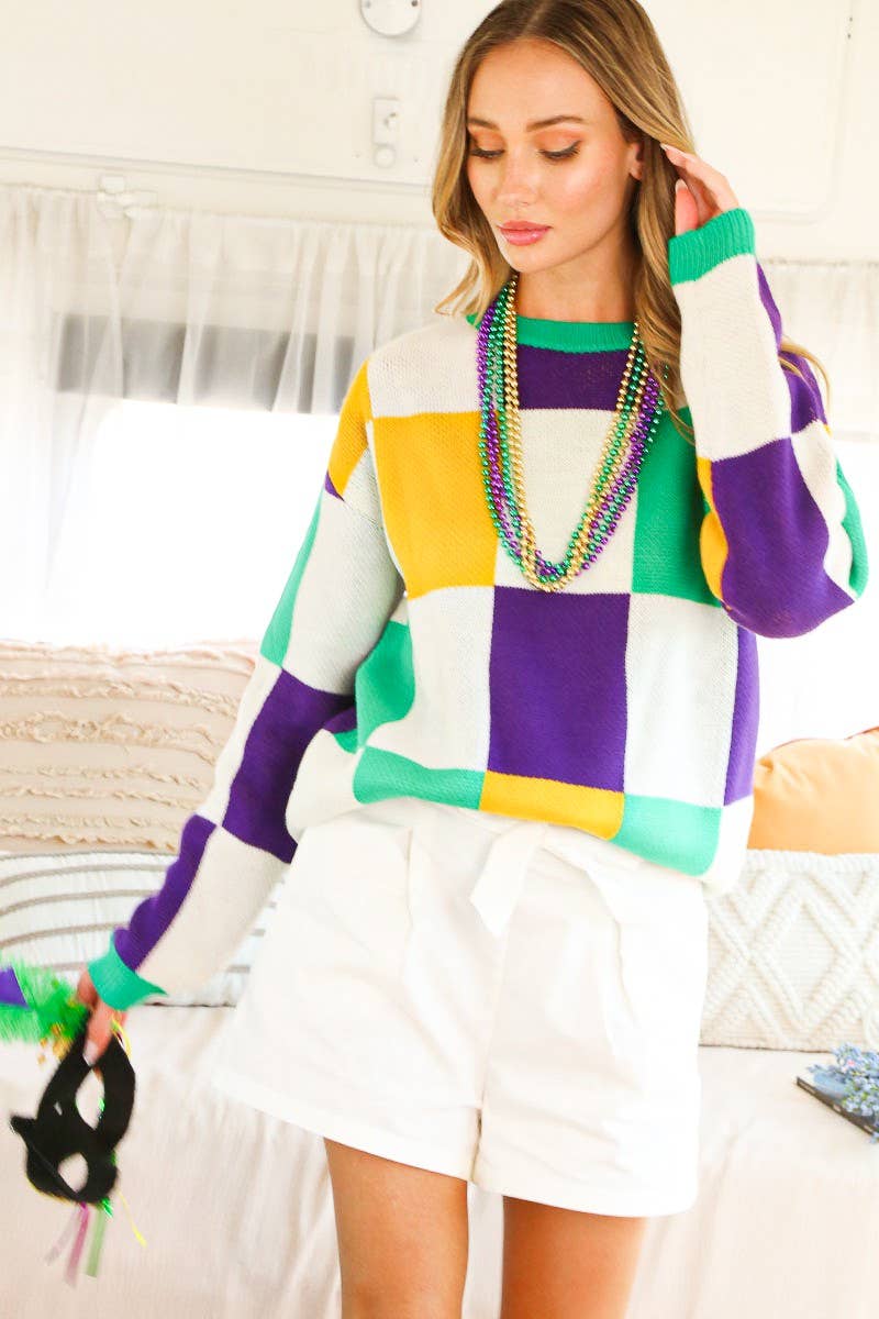 Checker Board Color Block Mardi Gras Knitted Sweater VT81304