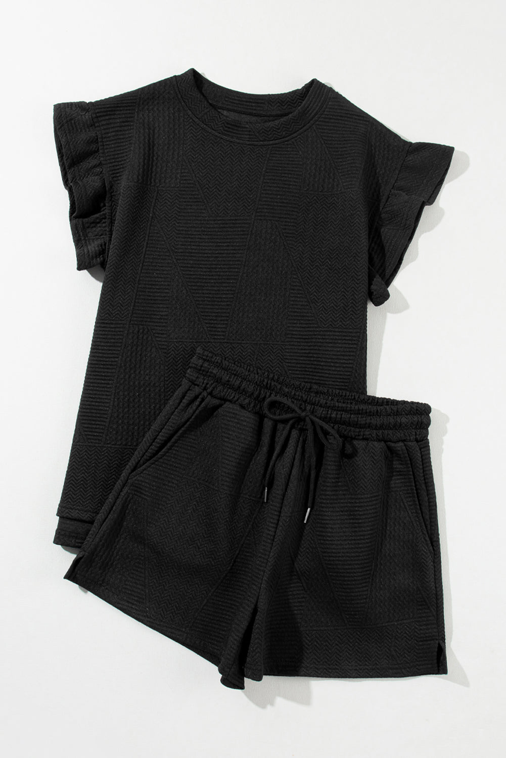 Black Textured Ruffle Split Top And Drawstring Shorts Set