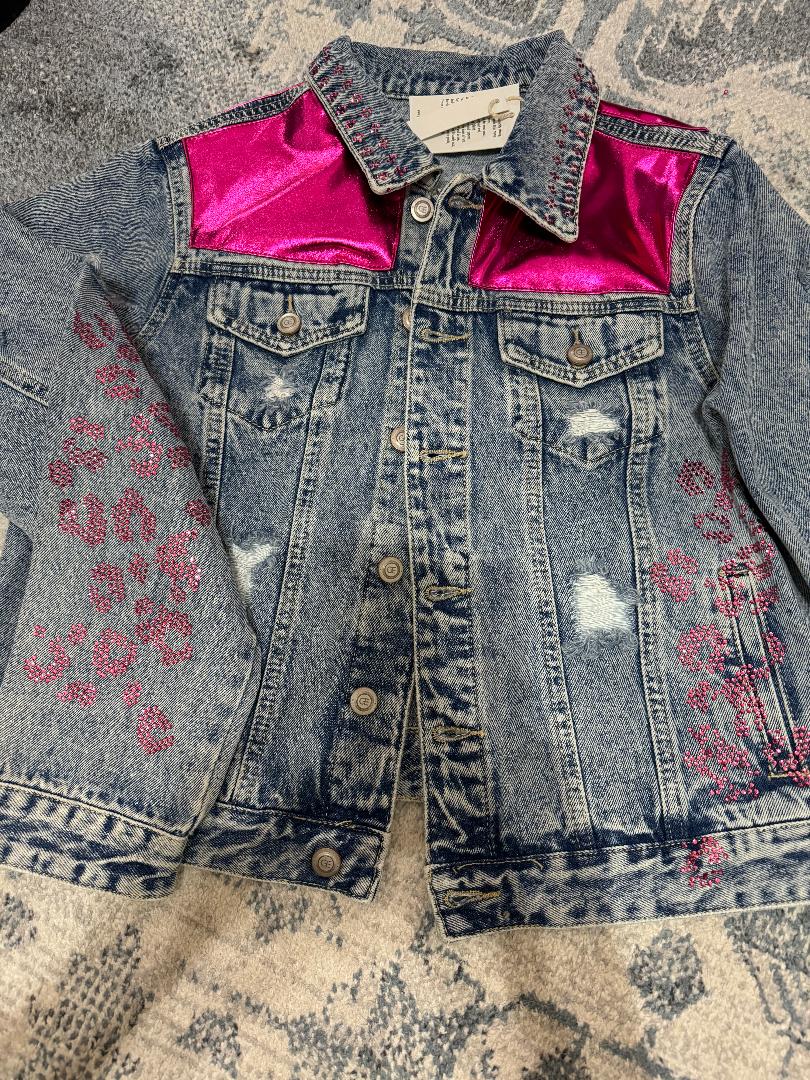 Distressed Denim Jacket with Hot Pink Sequins